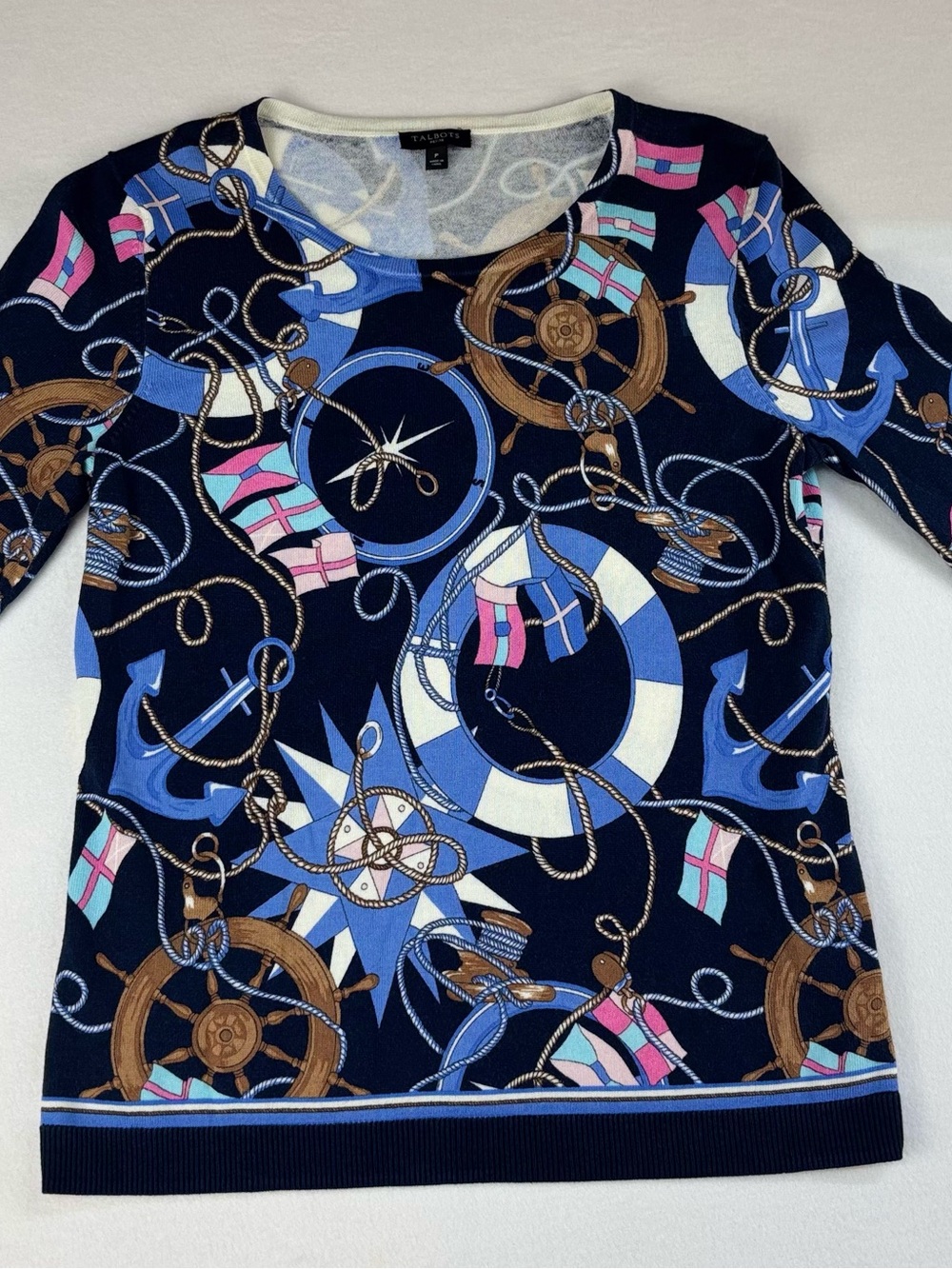 Talbots Navy Nautical Print Long Sleeve Shirt with Pink & Blue Accents